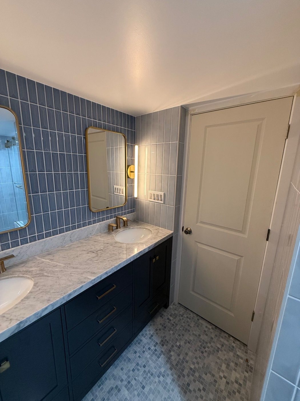 Blue vanity and countertop from an angle