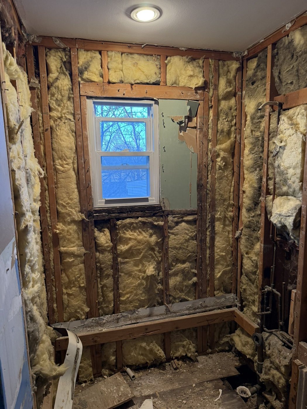 Framing and insulation exposed down to the studs