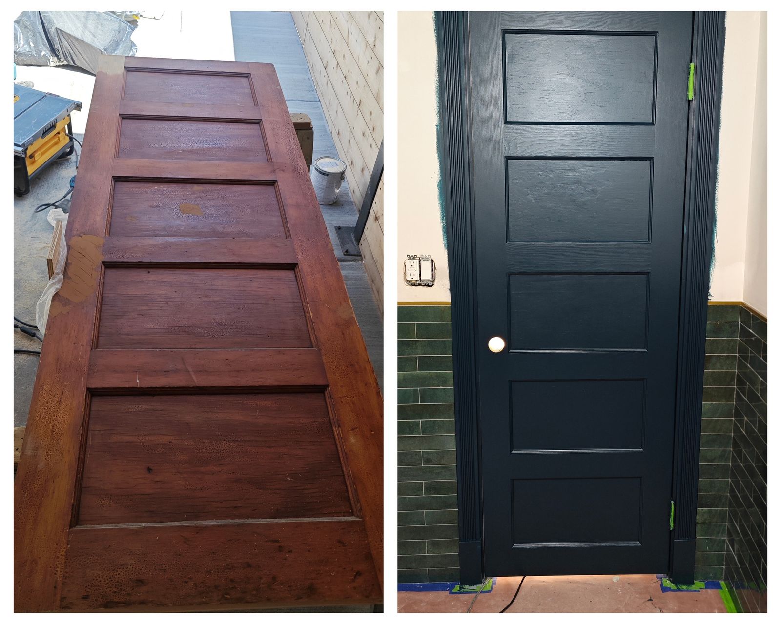 Before and after of a wood door refinished into a dark painted door
