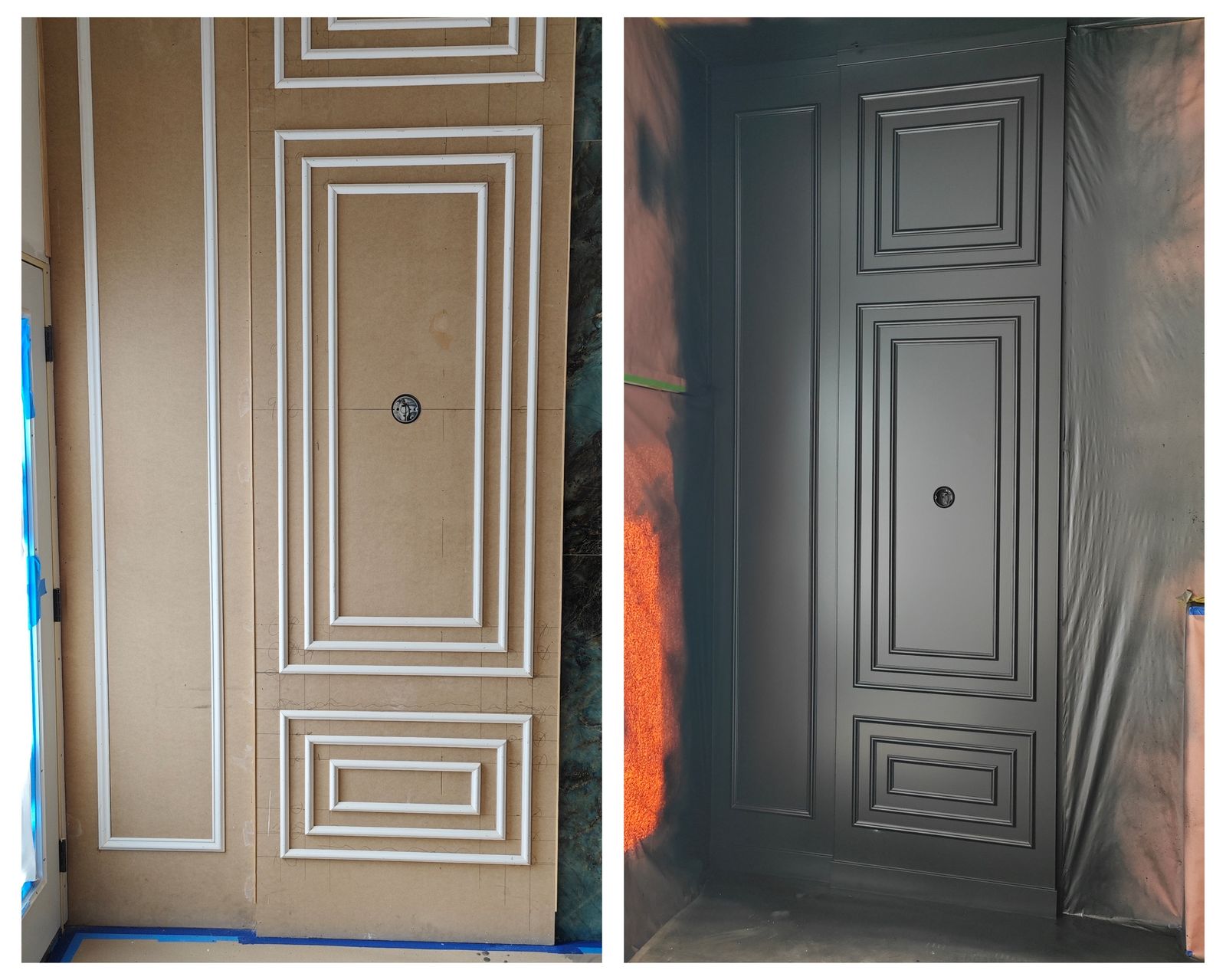 Before and after decorative wall panel painting from raw trim layout to finished black panel wall