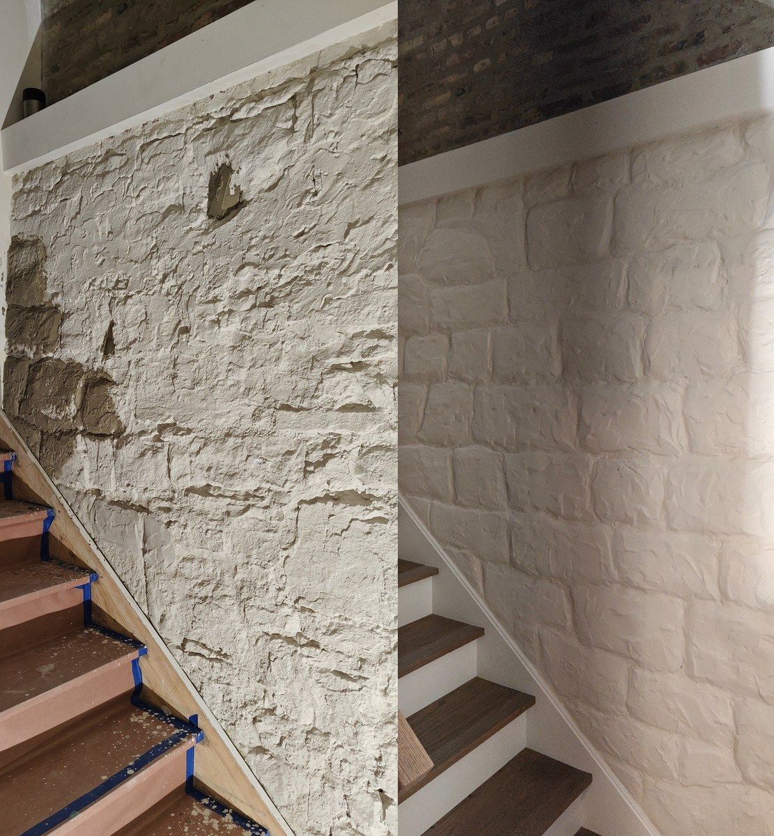 Before and after decorative stone wall finish beside staircase