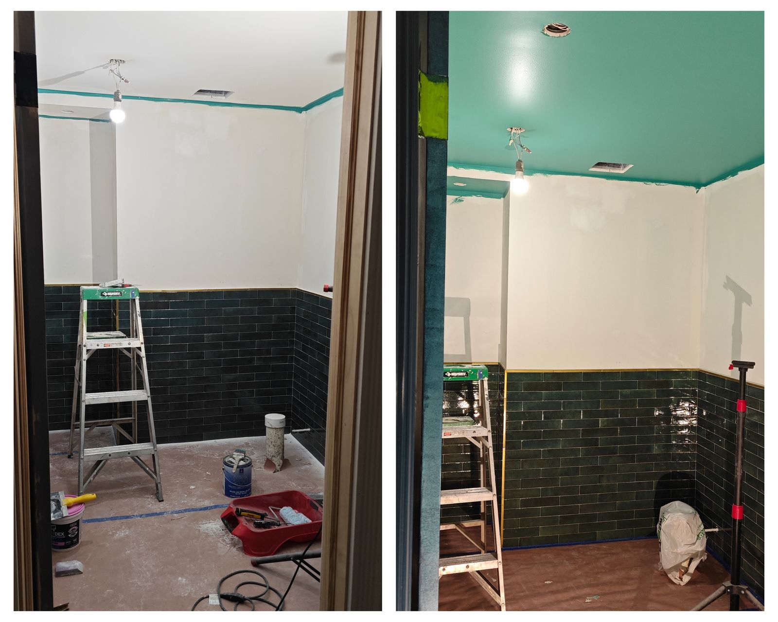 Before and after room finish showing painted ceiling and wall updates in progress